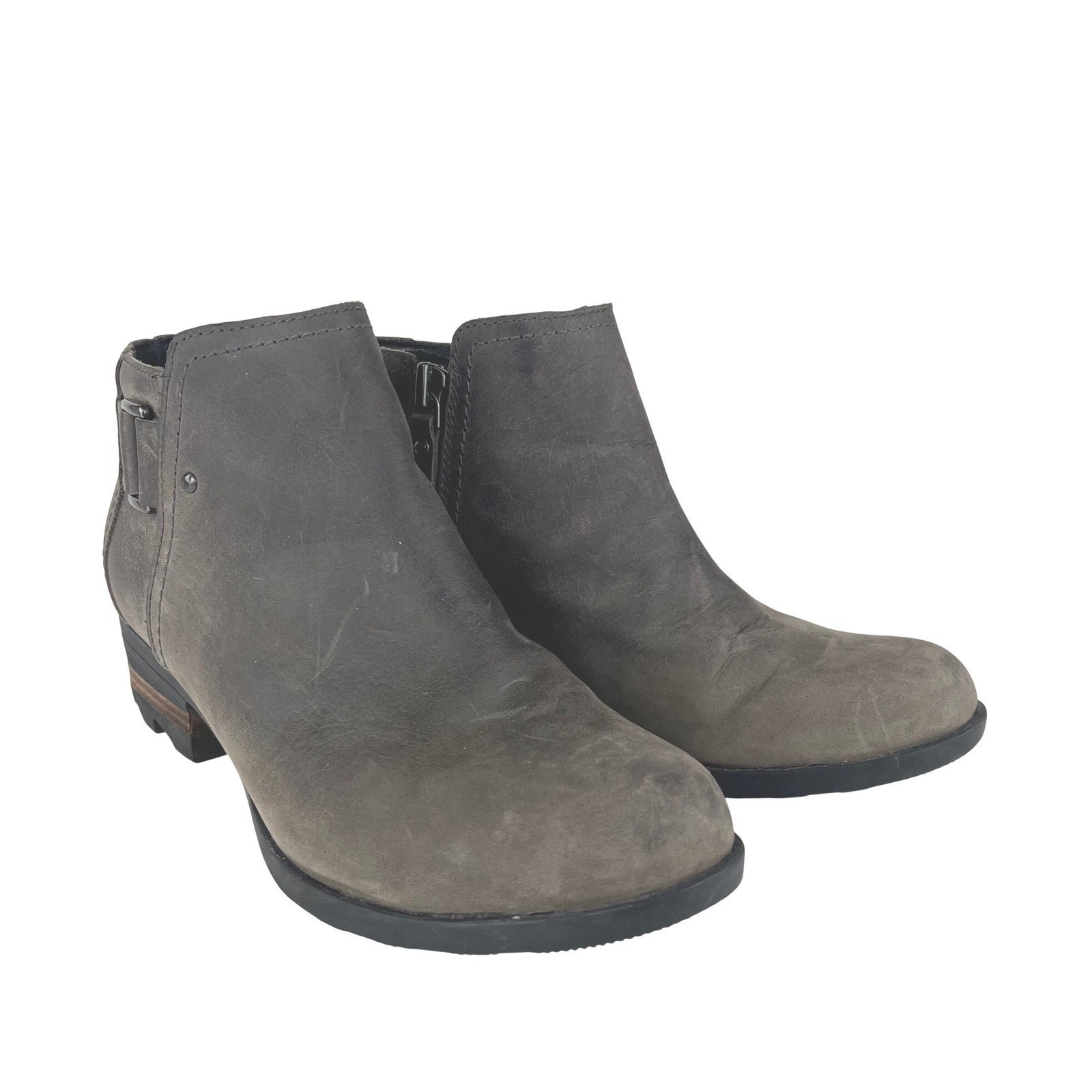 Sorel Lolla Grey Leather Ankle Booties Block Heel Size 7